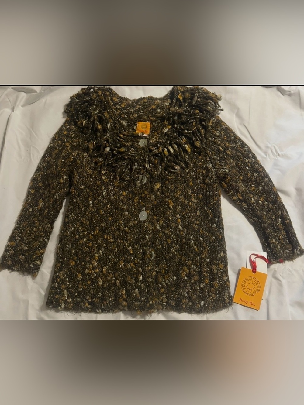 #2036 Ruby Rd. Brown Tweed Knit Cardigan with Textured Collar, Sz Large